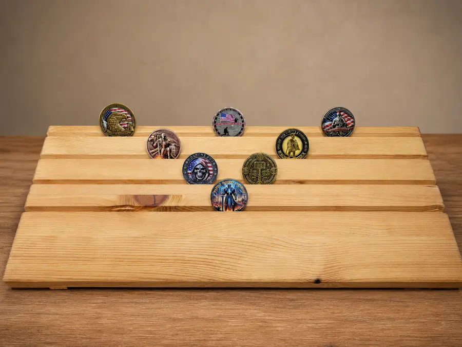 Close view showing the grain, display rows, and another sample-coin arrangement