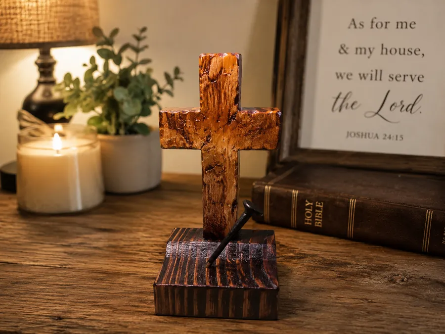 Handmade rustic wooden cross with a forged nail detail